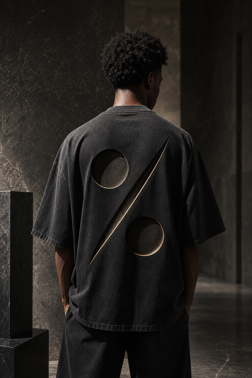 NEW MONEY Hidden Percent campaign model in an oversized black tee