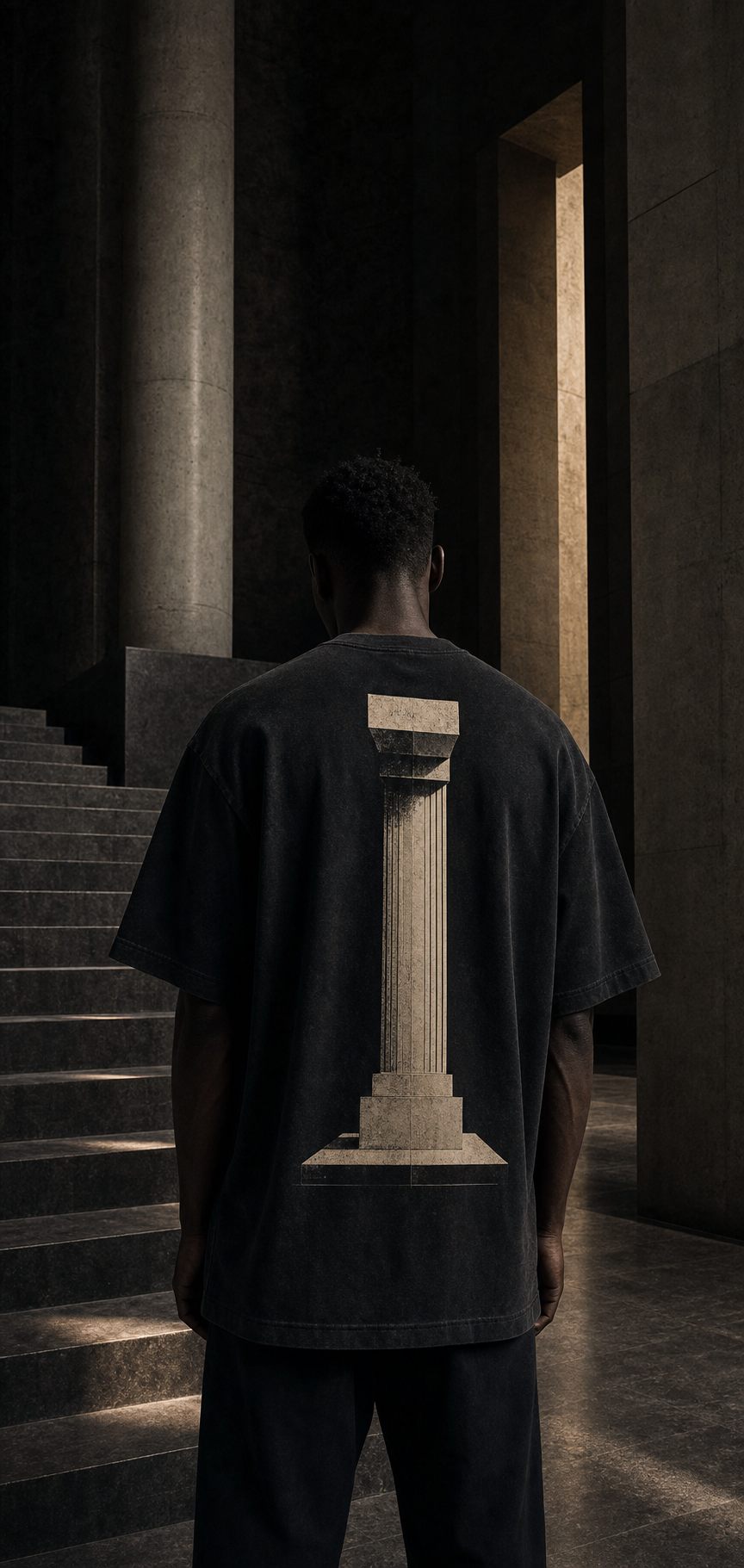 The Pillar concept shown on a NEW MONEY oversized black tee